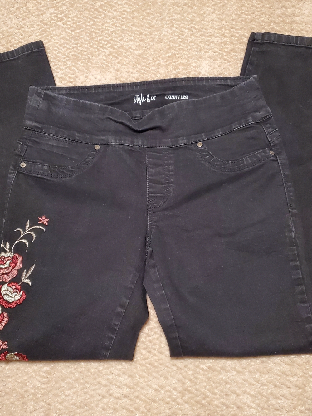 Style & Co. Black Skinny Leg Jeans with Floral Embroidery